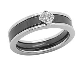 Bague Argent Fin 925/1000 Rhodié avec Céramique Noire et Oxydes de Zirconium – Femme Bague Argent Fin 925/1000 Rhodié avec Céramique Noire et Oxydes de Zirconium – Femme