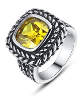 Bague en acier inoxydable, carré jaune zircon cubique, pour les femmes Bague en acier inoxydable, carré jaune zircon cubique, pour les femmes