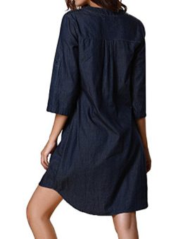 StyleDome-Femme-Chemise-Mini-Robe-Jean-Coton-Tunique-Longues-Large-Manches-34-Col-V-Blouse-Casual-Haut-Tops-0-0