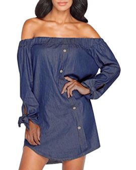 StyleDome-Femme-Mini-Chemise-Robe-de-Cocktail-Jean-Col-Bustier-Manches-Longues-Tunique-Epaule-Nue-Casual-Haut-Tops-Blouse-Longue-0