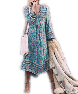 ASSKDAN Femme Bohémien Robe Bleu Imprimé Floral Manche longue Bandage Col V Tassel Maxi Robe d’été ASSKDAN Femme Bohémien Robe Bleu Imprimé Floral Manche longue Bandage Col V Tassel Maxi Robe d’été