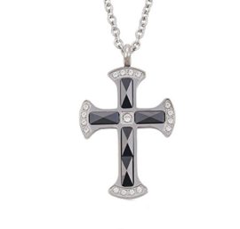 Cadeau-Fte-des-Mres-LORELYS-Cadeau-damour-Homme-Femme-Collier-Pendentif-Croix-Religieuse-Lumire-et-Protection-Acier-inoxydable-et-Cramique-Noir-Incrust-De-Zircons-Chane-Offerte-0