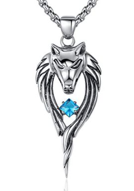 Collier pendentif en acier inoxydable, pour les hommes, Tribal Loup avec bleu zircone cubique, chaîne à maillons ronds Collier pendentif en acier inoxydable, pour les hommes, Tribal Loup avec bleu zircone cubique, chaîne à maillons ronds 2