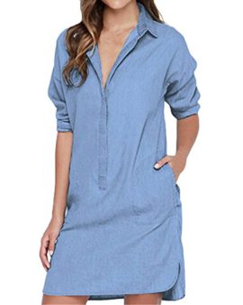 ELFIN® Femme Robe Casual Jean Poche Revers Collier Blouse Manches Longues Denim Blouse Tunique Chemisier Chemise ELFIN® Femme Robe Casual Jean Poche Revers Collier Blouse Manches Longues Denim Blouse Tunique Chemisier Chemise 3