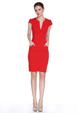 LALYSSE-Robe-Moulante-Crayon-Fendu-Zip-Poches-Manche-Courte-Bodycon-Slim-Femme-M-Rouge-0-0