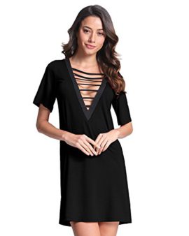 StyleDome-Femme-Mini-Robe-Tunique-Col-V-Manches-Courtes-Casual-Sexy-Robe-de-Soire-Cocktail-Club-0