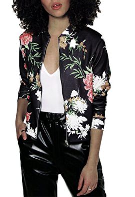 Eudolah Femme Veste motard Blouson court zippé a motifs des fleurs Eudolah Femme Veste motard Blouson court zippé a motifs des fleurs