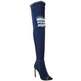 Femmes-Au-dessus-Du-Genou-Bottes-Bas-Talon-Haut-Talon-Aiguille-Jeans-Extensible-Taille-0