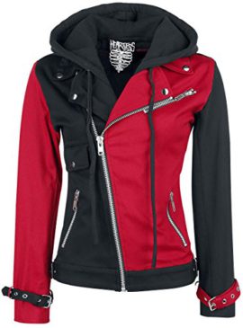 Jester Harley Quinn dames jacket met schuine ritssluiting en capuchon zwart/rood – Gothic metal emo Jester Harley Quinn dames jacket met schuine ritssluiting en capuchon zwart/rood – Gothic metal emo