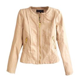 SaiDeng Femme Couleurs Solides Col Rond Fermeture Éclair Pu Cuir Veste Moto SaiDeng Femme Couleurs Solides Col Rond Fermeture Éclair Pu Cuir Veste Moto