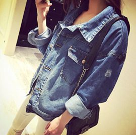 SaiDeng-Femme-Manche-Longue-Simple-Boutonnage-Dchir-Veste-En-Jean-0-0