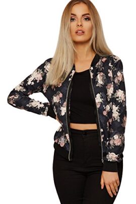 WEARALL Femmes Floral Bombardier Veste Dames Longue Manche Rose Imprimer Fermeture Éclair Équipage Cou – 36-42 WEARALL Femmes Floral Bombardier Veste Dames Longue Manche Rose Imprimer Fermeture Éclair Équipage Cou – 36-42