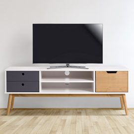 Meuble TV Leti Blanc, Fabriqué en bois de pin massif, 1 porte y 2 tiroirs, 140 cm Meuble TV Leti Blanc, Fabriqué en bois de pin massif, 1 porte y 2 tiroirs, 140 cm 3