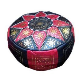 Pouf fassi en cuir Rouge et Noir, pouf marocain fait main en cuir véritable, rembourré Pouf fassi en cuir Rouge et Noir, pouf marocain fait main en cuir véritable, rembourré 2