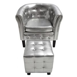 vidaXL Fauteuil Chesterfield argent avec repose pied vidaXL Fauteuil Chesterfield argent avec repose pied