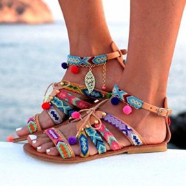 Sandales-Femmes-Plates–Pompons-Multicolor-Lacet-Motif-Ethnique-Chevilles-Chaussures-0-3