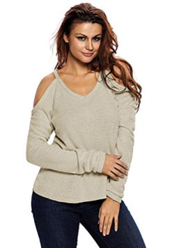 LAEMILIA-Pull-Femme-Epaule-Nue-Chandails–Manches-Longues-Casual-Col-Rond-Pullover-en-Maille-Sweater-Jumper-Tops-Tricots-0-2