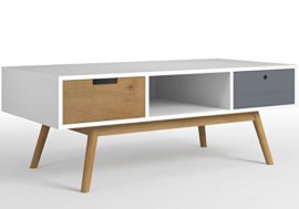 Table basse Leti Blanc, Fabriqué en bois de pin massif, 2 tiroirs, 110 cm Table basse Leti Blanc, Fabriqué en bois de pin massif, 2 tiroirs, 110 cm 2