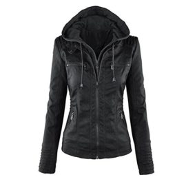 AHOOME Femme Veste En Cuir Blousons Fermeture Éclair Manteau à Capuche Court Veste Jacket Hooded Tops Automne- Hiver 2017 AHOOME Femme Veste En Cuir Blousons Fermeture Éclair Manteau à Capuche Court Veste Jacket Hooded Tops Automne- Hiver 2017