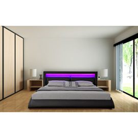 Cadre de lit ORLEAN en simili cuir Noir 140 x 190 cm avec LED intégrées avec sommier à lattes. – L 190 x l 140 x H 84.5 Cadre de lit ORLEAN en simili cuir Noir 140 x 190 cm avec LED intégrées avec sommier à lattes. – L 190 x l 140 x H 84.5 2