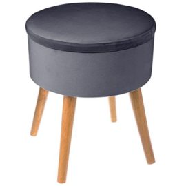 Grand-Tabouret-pouf-coffre-de-rangement-ROND-Style-Scandinave-Coloris-GRIS-Fonc-aspect-velours-0