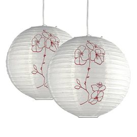 -Lot-de-2-LAMPIONS-HIBISCUS-30-cm-Ballons-Chinoise-Rainur-en-Papier-Blanc-Dcor-avec-Fleurs-dhibiscus-en-rouge-Cordons-lectriques-non-compris-0