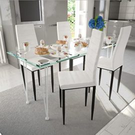 vidaXL Lot de 4 chaises blanches aux lignes fines avec une table en verre vidaXL Lot de 4 chaises blanches aux lignes fines avec une table en verre 4