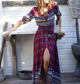 Chic-Femme-Manche-34-Col-V-Vintage-Boheme-Imprim-Ethnique-Longue-Robe-de-Plage-Cocktail-0-0