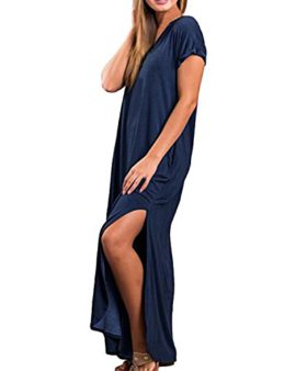 Kidsform Robe Longue Decontractée Femme Tunique Manche Courte Grande Taille Plage Avec Poches Kidsform Robe Longue Decontractée Femme Tunique Manche Courte Grande Taille Plage Avec Poches