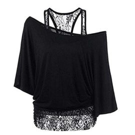 Newbestyle-Femme-t-Manches-de-Chauve-Souris-T-Shirt-Faux-Deux-Pices-Dentelle-Piqre-Sling-Casual-Extensible-Une-Pice-0