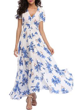 VOGMATE-Femme-Robe-Chic-Longue-Col-V--Fleur-Manches-Courtes-en-Coton-Robe-Maxi-de-Plage-Dt-Casual-S-2XL-0