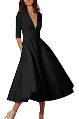 YMING-Femme-Robe-de-Cocktail-Vintage-Manches-12-Robe-Col-V-Swing-Robe-Midi-0