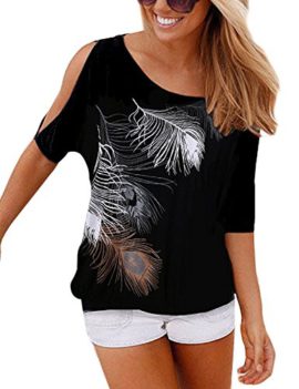 Yidarton Shirt Femme Eté Manche Courte Casual épaules Haut Blouse Imprimé Plume Dénudées Top Yidarton Shirt Femme Eté Manche Courte Casual épaules Haut Blouse Imprimé Plume Dénudées Top