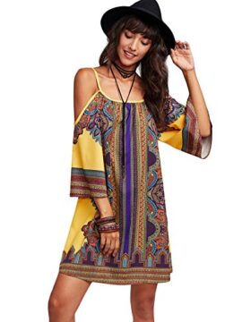 DIDK Femme Robe Courte Kimono Robe Imprimée Mixte À Bretelle épaules Dénudées Robe de Plage Soirée Casual Tunique Style DIDK Femme Robe Courte Kimono Robe Imprimée Mixte À Bretelle épaules Dénudées Robe de Plage Soirée Casual Tunique Style 3