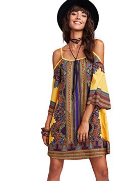 DIDK Femme Robe Courte Kimono Robe Imprimée Mixte À Bretelle épaules Dénudées Robe de Plage Soirée Casual Tunique Style DIDK Femme Robe Courte Kimono Robe Imprimée Mixte À Bretelle épaules Dénudées Robe de Plage Soirée Casual Tunique Style