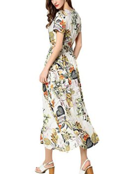 KUONUO-Femme-Robe-Floral-Longue-Col-V–Fleur-Manches-Courtes-en-Coton-Bohme-Robe-Maxi-de-Plage-Dt-Casual-0-0