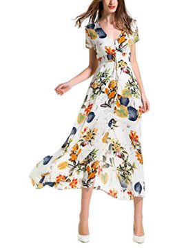 KUONUO Femme Robe Floral Longue Col V à Fleur Manches Courtes en Coton Bohême Robe Maxi de Plage D’été Casual KUONUO Femme Robe Floral Longue Col V à Fleur Manches Courtes en Coton Bohême Robe Maxi de Plage D’été Casual