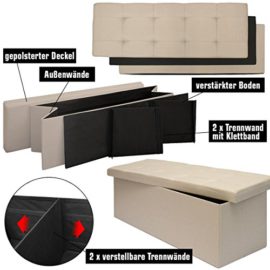 DuneDesign Coffre de Rangement XXL pliante 110x38x38cm incl 2 cloisons 120L Pouf pliable Repose-pieds rectangulaire rembourré 3 places DuneDesign Coffre de Rangement XXL pliante 110x38x38cm incl 2 cloisons 120L Pouf pliable Repose-pieds rectangulaire rembourré 3 places 4