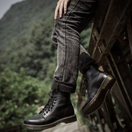 Qimaoo-Bottes-Femmes-Hommes-Classique-Bottes-de-Moto–Lacets-Bottes-de-Combat-Sport-Bottines-en-Cuir-Noir-a-Taille-Homme-EU44-0-3