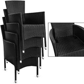 Deuba-Salon-de-Jardin-Ensemble-41–Noir-polyrotin-4-chaises-empilables-Table-avec-Plateau-en-Verre-dpoli–Coussins-Couleur-crme-Compris–Housses-Amovibles-et-lavables-0-0