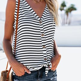 Dbardeur-Femme-Haut-Femme-Bouton–col-en-V-Chemise-sans-Manche-Tops-Stripe-Tee-Shirt-Tank-0-1