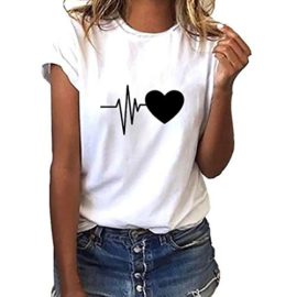 Top-Haut-Femme-Mode-lche--Manches-Courtes-T-Shirt-imprim-Coeur-dcontract-col-Rond-0