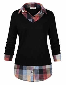 DJT Femme T-Shirt a Carreaux 2 en 1 Manches Longues Pull Pull-Over Tunique Classique Automne DJT Femme T-Shirt a Carreaux 2 en 1 Manches Longues Pull Pull-Over Tunique Classique Automne