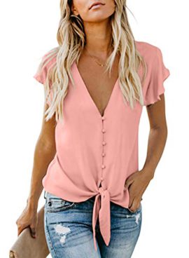 Dokotoo-Blouse-Femme-Chemisier-Tunique-Chemise-Manches-Courtes-Top-avec-Nud-Mode-Haut-Boutonn-Col-V-Casual-T-Shirt-en-Mousseline-Couleur-Unie-S-XXL-0