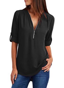 FIYOTE Chemisier Femme Blouse Couleur Unie T Shirt Eté Chemise Femme Chic Col en V Tunique en Moussseline Zip Devant S-2XL FIYOTE Chemisier Femme Blouse Couleur Unie T Shirt Eté Chemise Femme Chic Col en V Tunique en Moussseline Zip Devant S-2XL 2