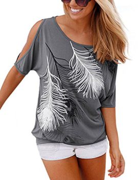 Flying-Rabbit-Femme-Casual-paule-Nue-Manches-Plume-Imprim-Manches-Courtes-Top-Blouse-Chemiser-T-Shirt-0-1