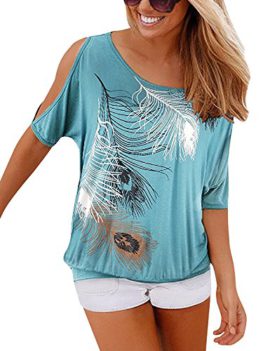 Flying-Rabbit-Femme-Casual-paule-Nue-Manches-Plume-Imprim-Manches-Courtes-Top-Blouse-Chemiser-T-Shirt-0