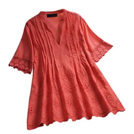 GongzhuMM-Tee-Shirt-Coton-Et-Lin--Manches-Courtes-LGant-Couleur-Unie-Chemise-Grande-Taille-Tunique-Manches-Longue-en-Dentelle-Printemps-T-Mode-Chemise-Top-Haut-V-Neck-Casual-0