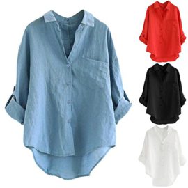 Longra-Printemps-Top-Femme-Chemisier-Grande-Taille-Coton-et-Lin-Haut-Manches-Longues-Couleur-Unie-Chemisier-Col-Debout-Pull-Shirt-en-Vrac-Dcontracte-T-Shirt-Chemisier-boutonn–Manches-Longues-0-0