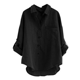 Longra-Printemps-Top-Femme-Chemisier-Grande-Taille-Coton-et-Lin-Haut-Manches-Longues-Couleur-Unie-Chemisier-Col-Debout-Pull-Shirt-en-Vrac-Dcontracte-T-Shirt-Chemisier-boutonn–Manches-Longues-0